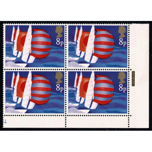 1975 Sailing 8p. MISSING BLACK. Block of four. SG 981a