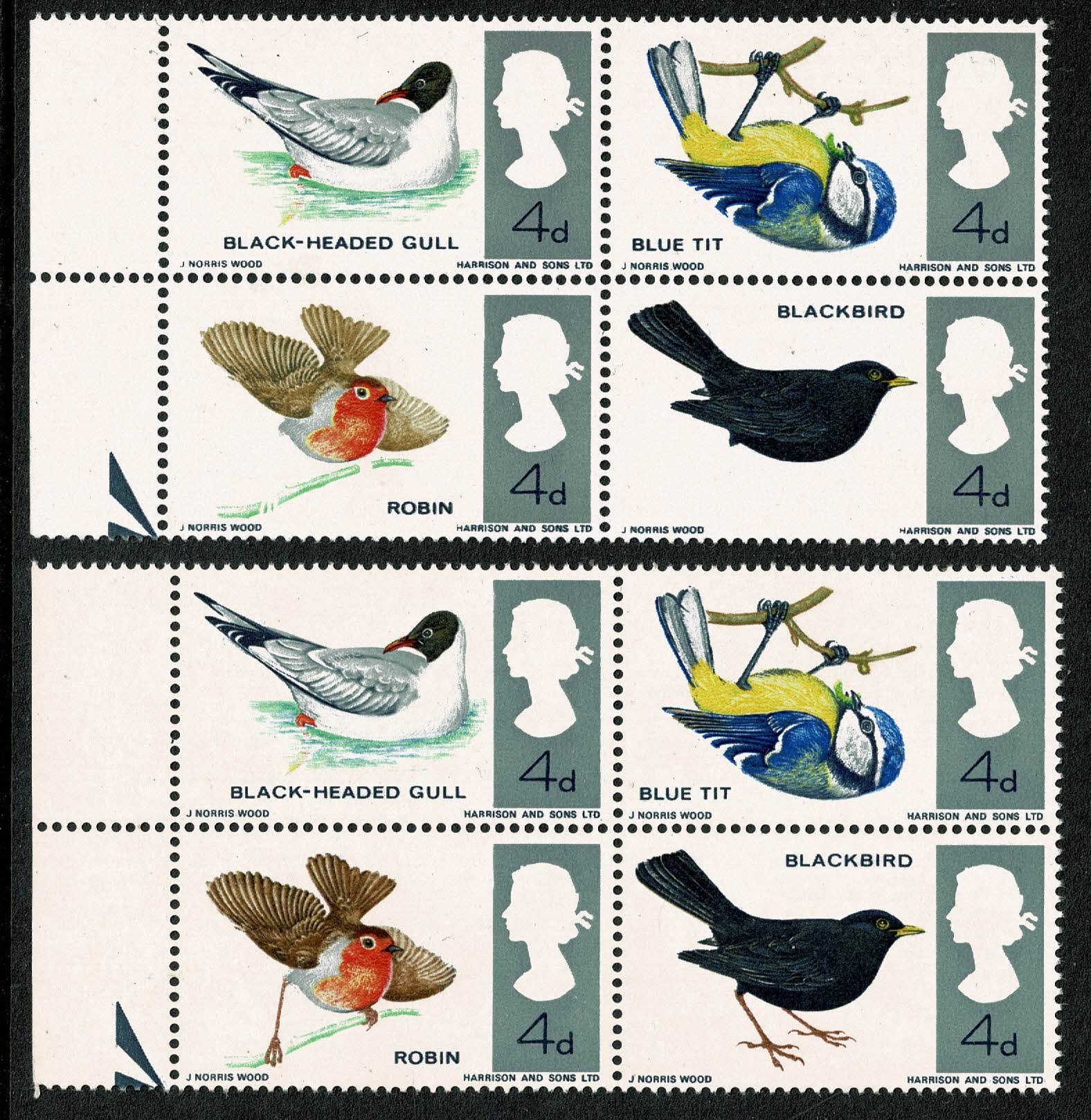 Marginal Bird 1966 Birds (ord) MISSING REDDISH BROWN. Positional block SG 698-699j