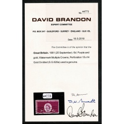 1961 Parliamentary Conference 6d MISSING GOLD. Rare used single. With Certificate. SG 629a