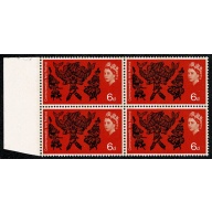 1965 Arts 6d (phos). PHOSPHOR BANDS PRINTED ON GUMMED SIDE. Block of four. SG 669 var.