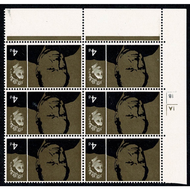 1965 Churchill 4d (Rembrandt). Cylinder 1A 1B no dot  block of six WATERMARK INVERTED. SG 661Wi