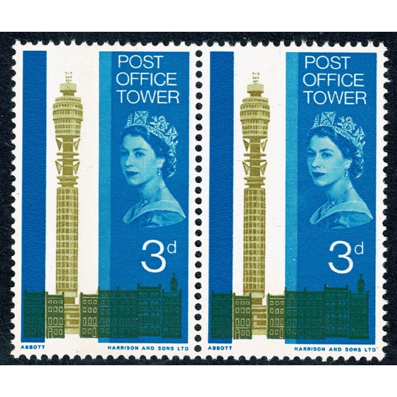 1965 Post Office Tower 3d (phos). Error BROAD PHOSPHOR BAND se tenant with MISSING PHOSPHOR. SG Spec. WP75ac