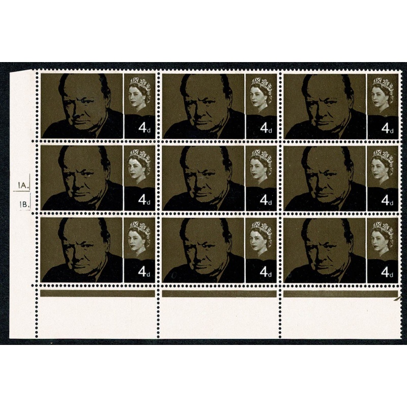 1965 Churchill 4d (Rembrandt). Cylinder 1A 1B dot  block with listed variety "vertical scratch" SG Spec. W56b