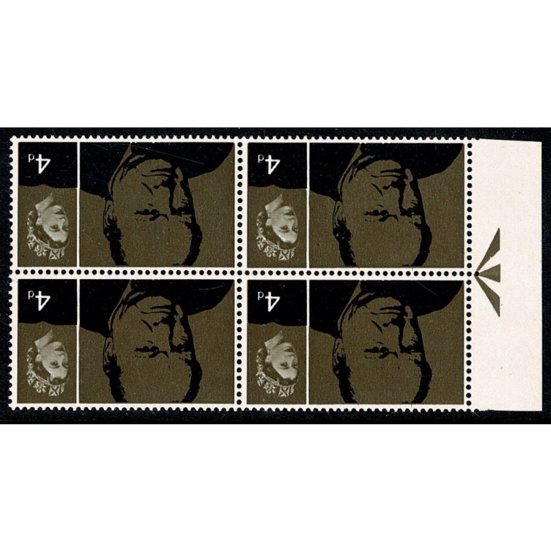 1965 Churchill 4d (REMBRANDT). WATERMARK INVERTED. Marginal block. SG 661Wi.