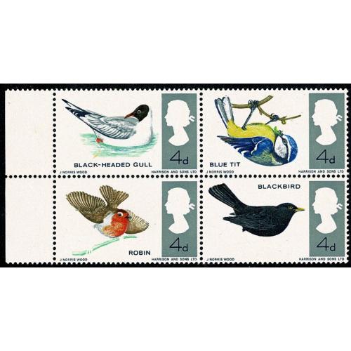 1966 Birds 4d (ord). MISSING REDDISH BROWN. Se-tenant block. SG 698/99j