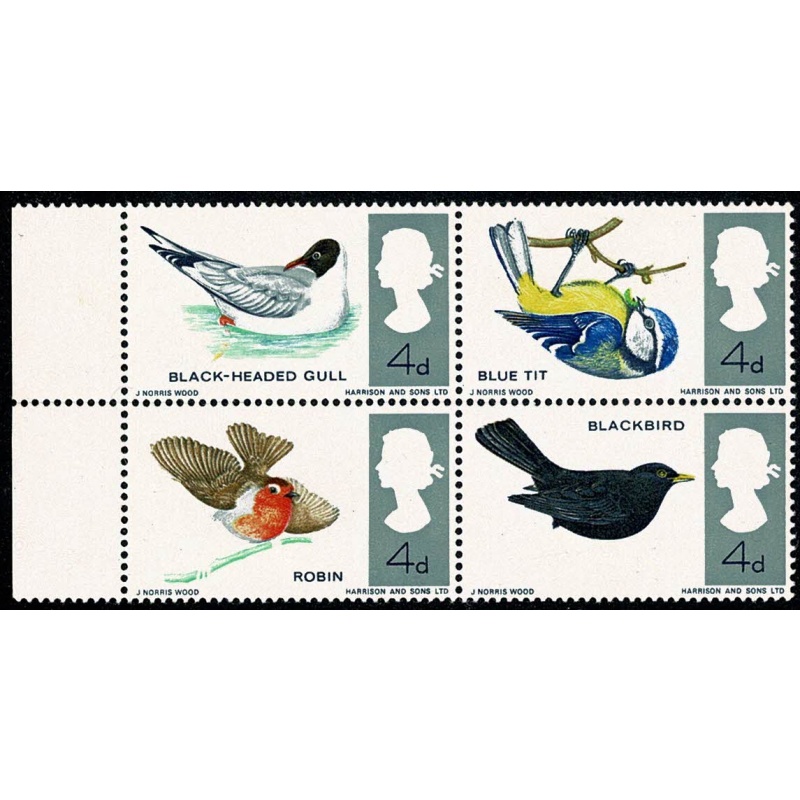 1966 Birds 4d (ord). MISSING REDDISH BROWN. Se-tenant block. SG 698/99j