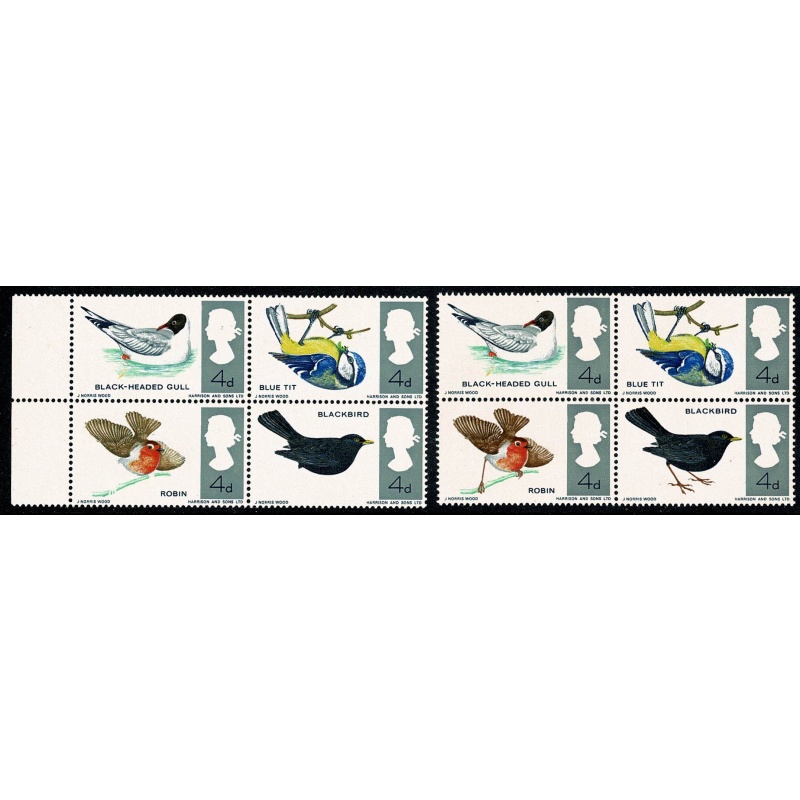 1966 Birds 4d (ord). MISSING REDDISH BROWN. Se-tenant block. SG 698/99j