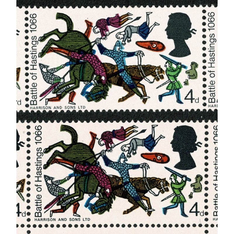 1966 Battle of Hastings 4d (ord). TRANSITIONAL se-tenant strip MISSING GREY.