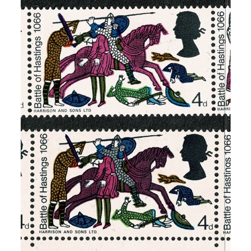 1966 Battle of Hastings 4d (ord). TRANSITIONAL se-tenant strip MISSING GREY.