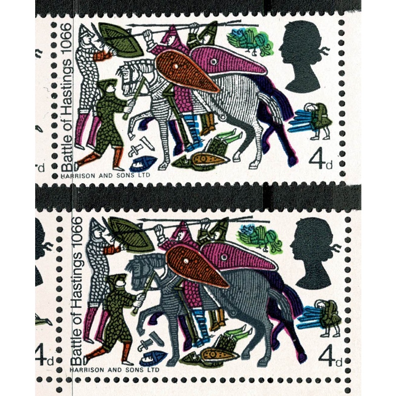 1966 Battle of Hastings 4d (ord). TRANSITIONAL se-tenant strip MISSING GREY.