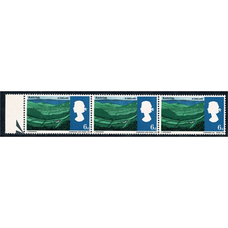 1965 Landscapes 6d (ord).Listed variety  "AN for AND" SG 690a. Positional Strip of 3.  Spec. W86b