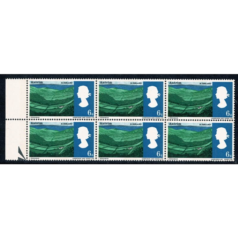 1965 Landscapes 6d (phos).Listed variety  "AN for AND" SG 690pa. Positional block of 6. Spec. WP86b