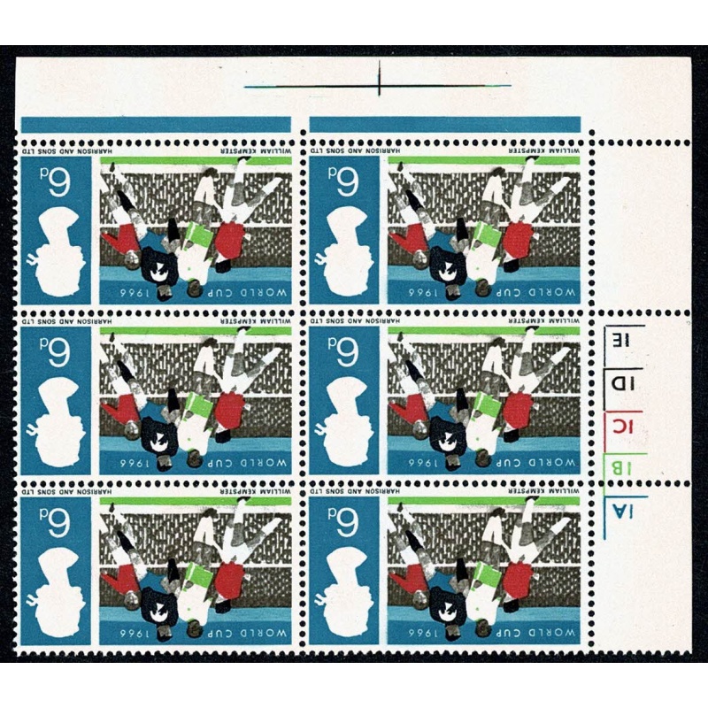 1966 World Cup 6d (ord).UM Cylinder block of six. WATERMARK INVERTED. SG 694Wi.