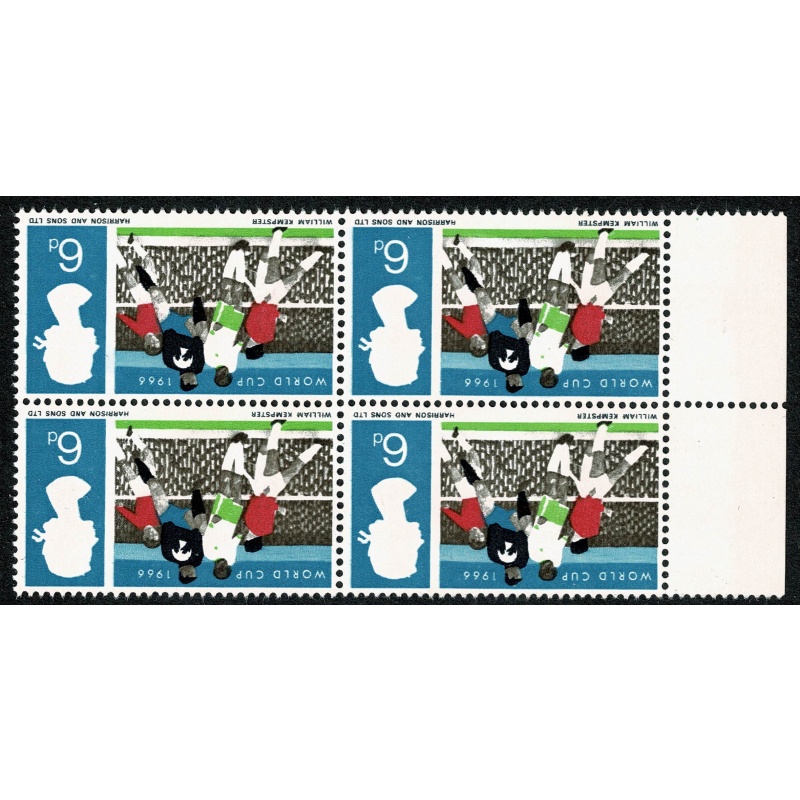 1966 World Cup 6d (ord).UM marginal block of 4 WATERMARK INVERTED. SG 694Wi