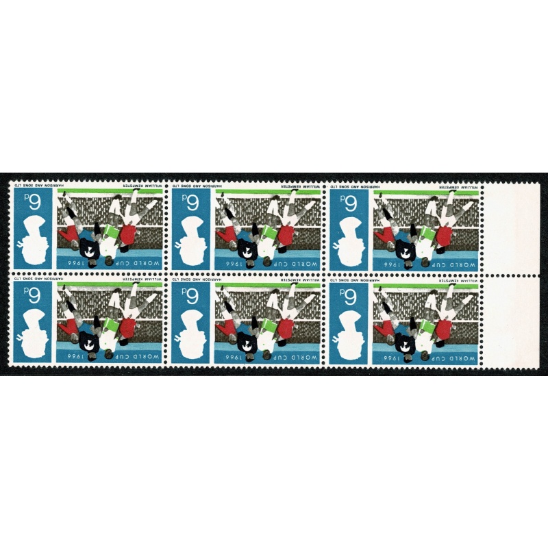 1966 World Cup 6d (ord). UM marginal block of 6 WATERMARK INVERTED. SG 694Wi