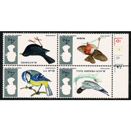 1966 Birds 4d (ord). WATERMARK INVERTED. Cylinder  marginal block  of 4. SG 696aWi.