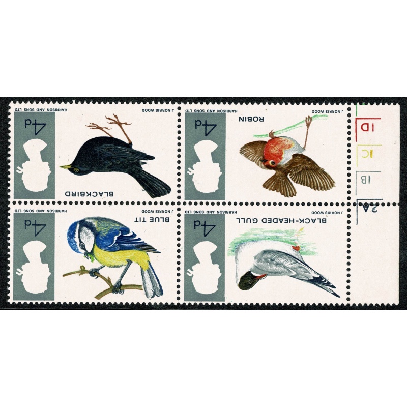 1966 Birds 4d (ord). WATERMARK INVERTED. Cylinder  marginal block  of 4. SG 696aWi.