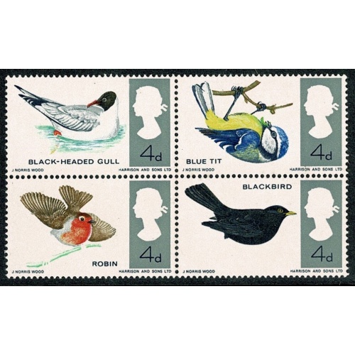 1966 Birds 4d (ord). MISSING REDDISH BROWN. Se-tenant block. SG 698j/69pj