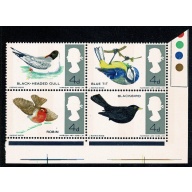 1966 Birds 4d (phos). MISSING REDDISH BROWN. Se-tenant Traffic Light block. of four. SG 698p/699pj