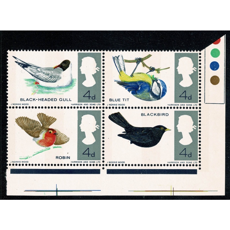 1966 Birds 4d (phos). MISSING REDDISH BROWN. Se-tenant Traffic Light block. of four. SG 698p/699pj