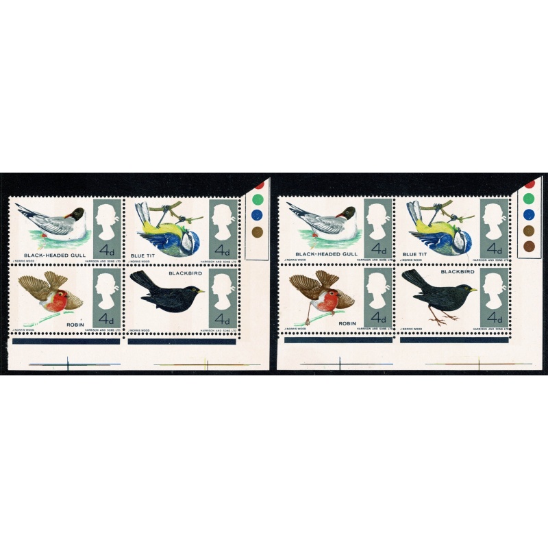 1966 Birds 4d (phos). MISSING REDDISH BROWN. Se-tenant Traffic Light block. of four. SG 698p/699pj