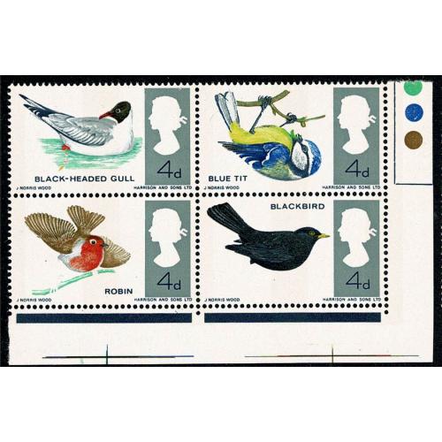 1966 Birds 4d (ord). MISSING REDDISH BROWN. Traffic light block. SG 698/99j