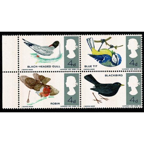 1966 Birds (phos). UM se-tenant block with SHIFT OF REDDISH BROWN. SG 698/99p var