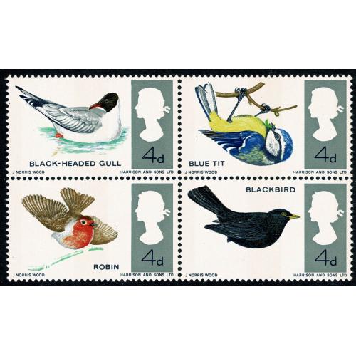 1966 Birds 4d (phos). MISSING REDDISH BROWN. Se-tenant block. SG 698p/99pj