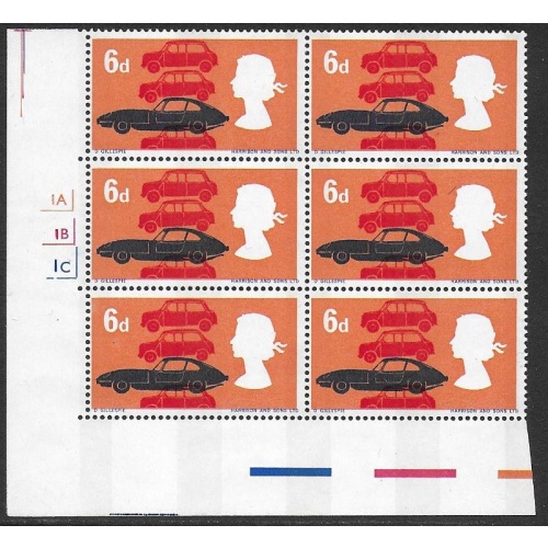 1966  British Technology 6d (phos). PHOSPHOR BANDS PRINTED ON GUMMED SIDE.  Cylinder block.SG 702p var.
