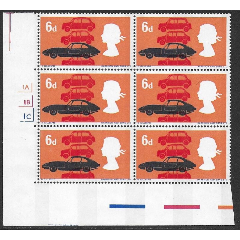 1966  British Technology 6d (phos). PHOSPHOR BANDS PRINTED ON GUMMED SIDE.  Cylinder block.SG 702p var.