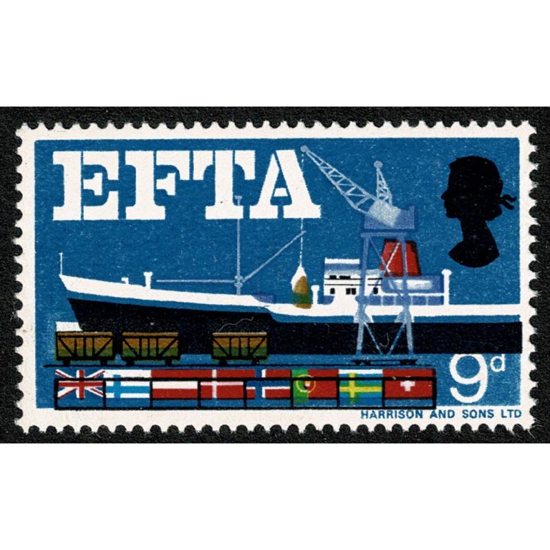 1967 EFTA 9d (ord). MULTIOPLE COLOUR SHIFTS (black, brown, new blue & yellow) SG 715 var