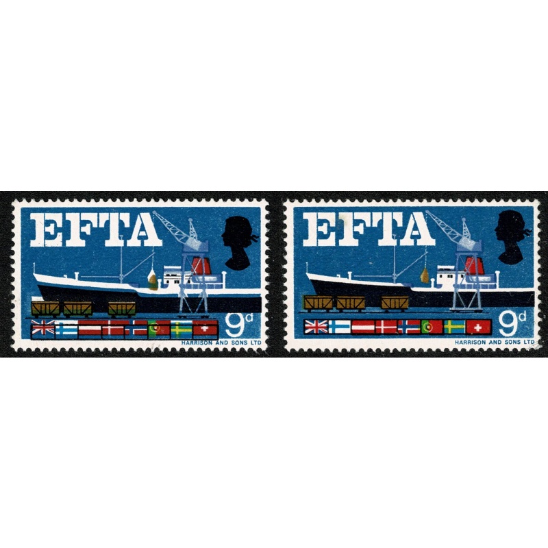 1967 EFTA 9d (ord). MULTIOPLE COLOUR SHIFTS (black, brown, new blue & yellow) SG 715 var