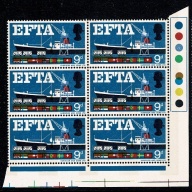 1967 EFTA 9d (phos). SHIFT OF BROWN. Traffic light block of six. SG 715p var