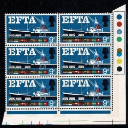 1967 EFTA 9d (phos). SHIFT OF BROWN. Traffic light block of six. SG 715p var
