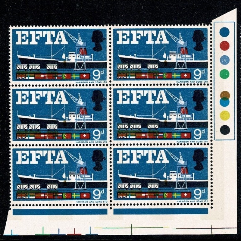 1967 EFTA 9d (phos). SHIFT OF BROWN. Traffic light block of six. SG 715p var