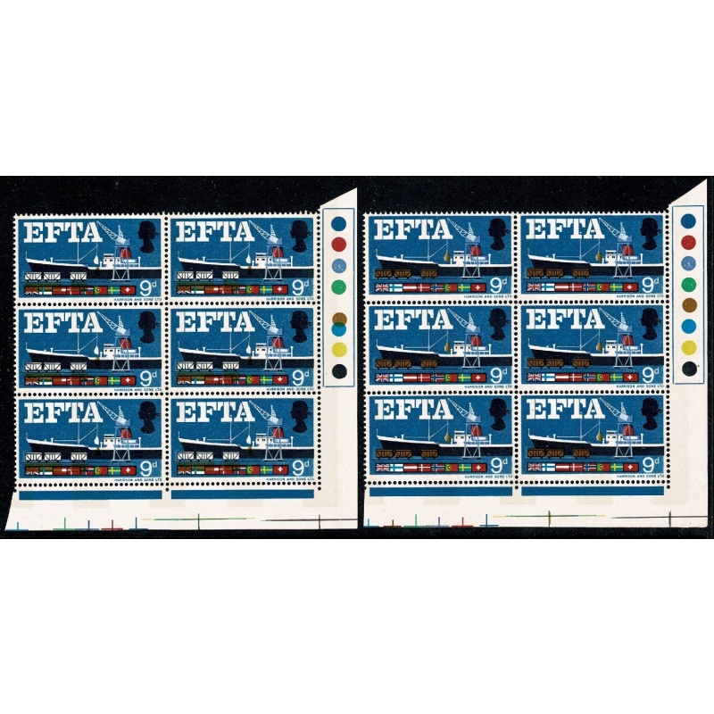 1967 EFTA 9d (phos). SHIFT OF BROWN. Traffic light block of six. SG 715p var