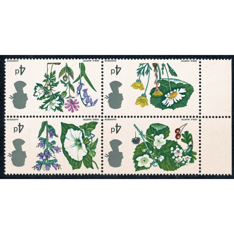 1967 Flowers 4d (ord). WATERMARK INVERTED. Marginal block. SG 717aWi