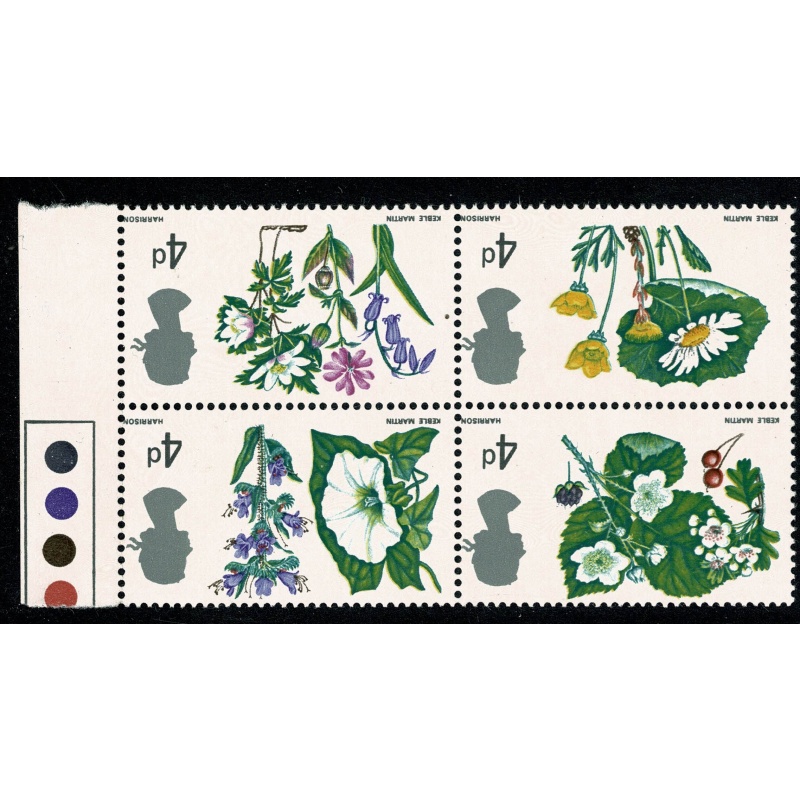 1967 Flowers 4d (ord). WATERMARK INVERTED. Positional marginal block. SG 717aWi