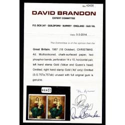 1967 Christmas 4d MISSING GOLD (Head & Value) / MISSING VALUE ONLY David Brandon Certificate. SG 757b