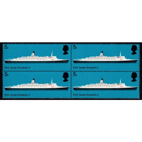 1969 Ships 5d. MISSING PHOSPHOR.  UM block of four. SG 778y