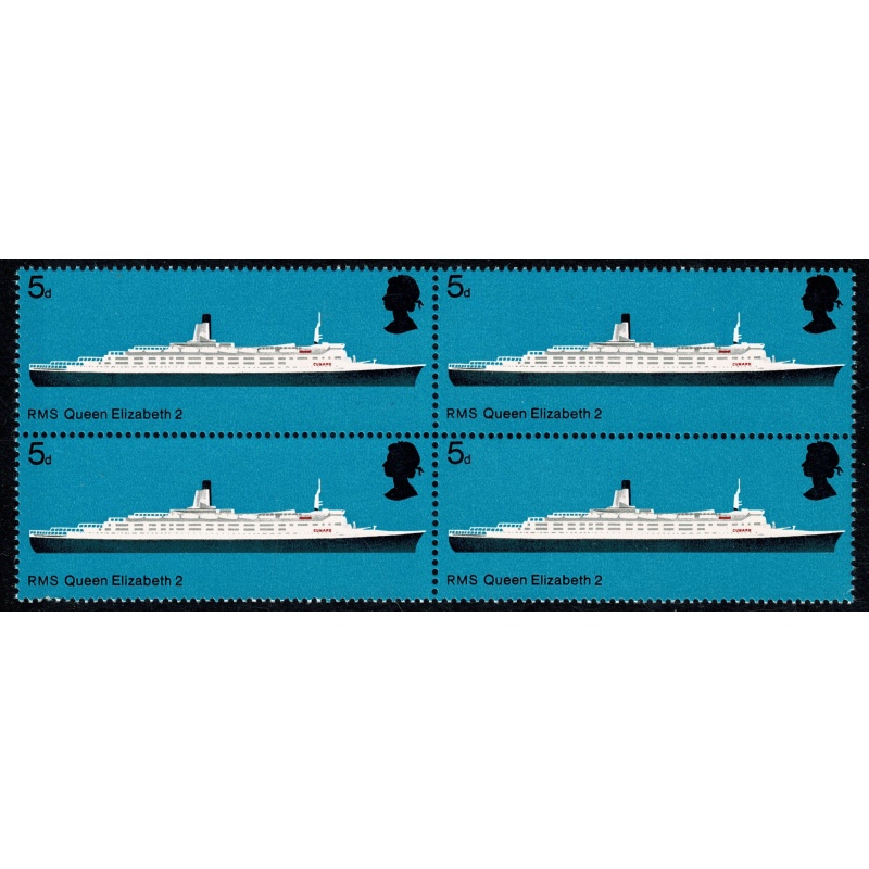 1969 Ships 5d. MISSING PHOSPHOR.  UM block of four. SG 778y