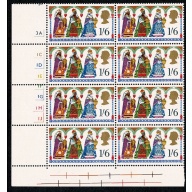 1969 Christmas 1/6 . MISSING PHOSPHOR & MISSING EMBOSSING. Cylinder block of eight. SG 814ya