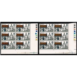 1970 Cottages 5d. SHIFT OF GREENISH BLUE. Traffic light block of six. SG 815 var