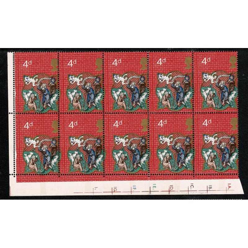 1970 Christmas 4d. PERFORATION SHIFT Cylinder block of ten.