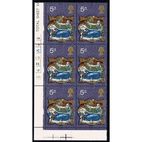 1970 Christmas 5d MISSING PHOSPHOR. SG 839y. Cylinder block of six.