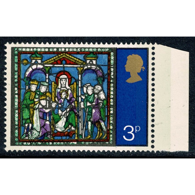 1971 Christmas 3p. MISSING EMBOSSING  plus VIOLET SHIFT DOWNWARDS. Marginal single. SG 895h var
