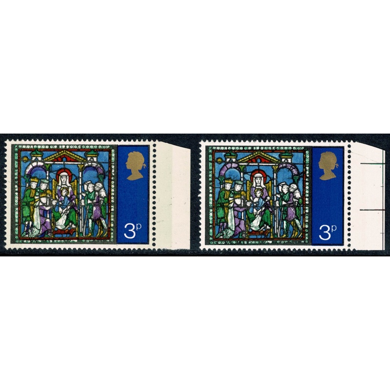 1971 Christmas 3p. MISSING EMBOSSING  plus VIOLET SHIFT DOWNWARDS. Marginal single. SG 895h var