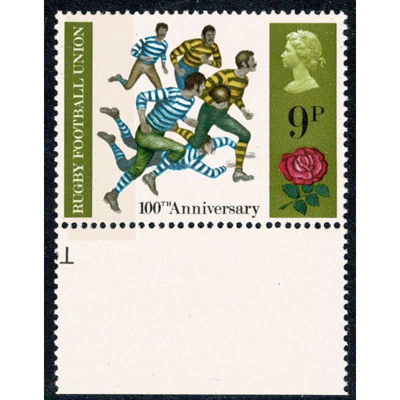 1971 General Anniversaries 9p. BROAD BAND 1mm from left edge. Lower marginal single. SG 889e.