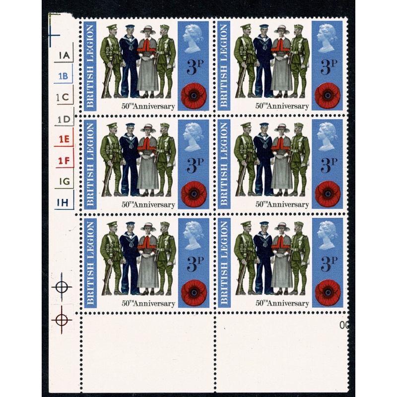 1971 General  Anniversaries 3p MISSING PHOSPHOR. Cylinder block of six. SG 887y