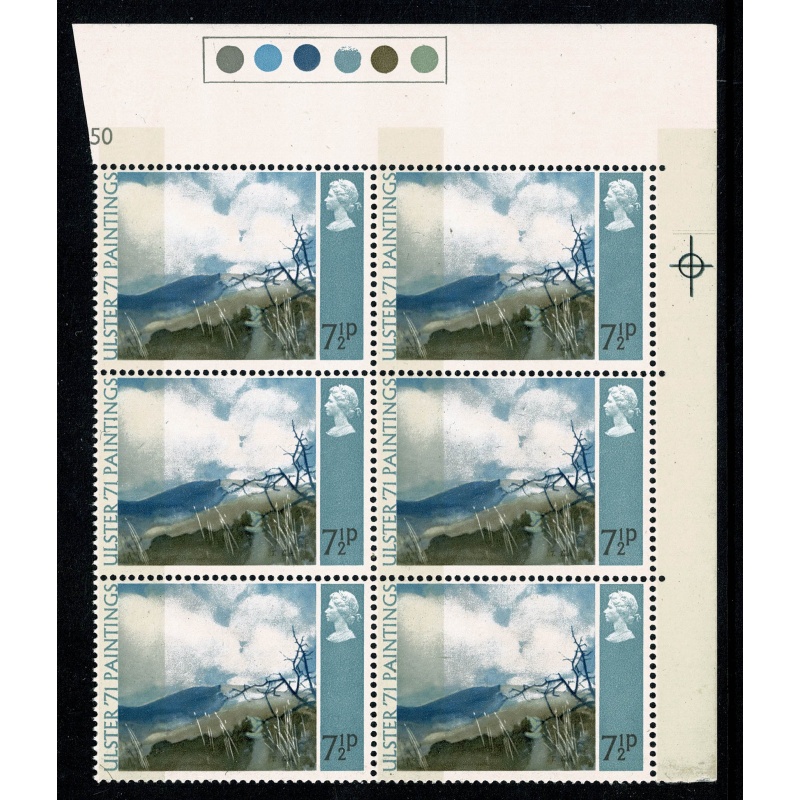 1971 "Ulster" Paintings 7½p. BROAD BAND 0/1mm from left edge. Traffic Light block of six. SG 882c.